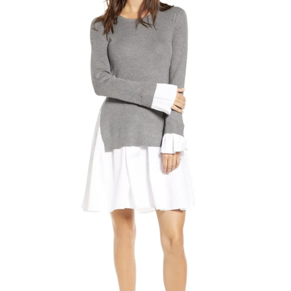 Gray & White Long Sleeve Layered Dress
